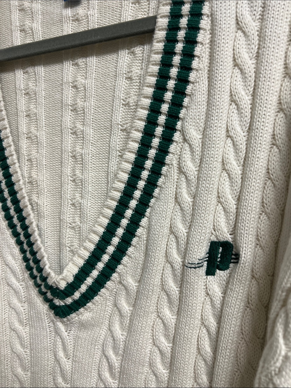 Prince Cream Cotton Cable Knit V-Neck Sweater Dark Green Trim Retro Preppy XL - Picture 3 of 6